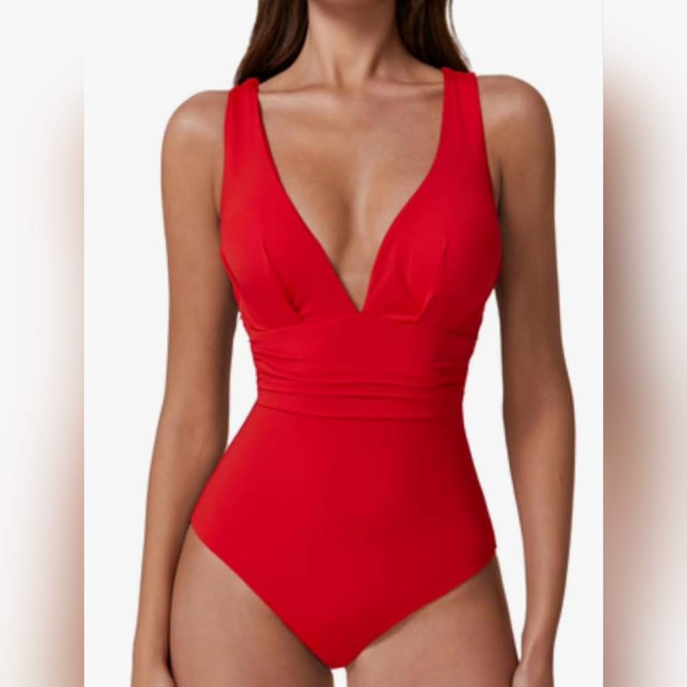 QINSEN Sexy V Neck One Piece Bathing Suit Cross Back High Waist Medium